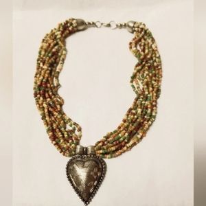 Vintage Multi-Strain Necklace W/Colored Seeded Glass Beads SilverTone Heart